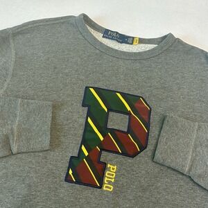 Mens Polo Ralph Lauren P Patch Letterman Fleece Crewneck Sweatshirt Medium Gray